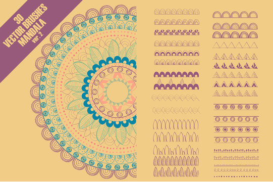 Vector Seamless Pattern Brushes To Create Mandala Decor For Your Design With Abstract Ornament. Oriental Design. Ornamental Doodle Background.