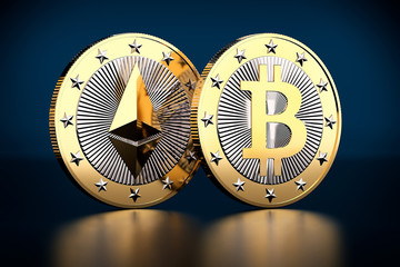 Two golden coins - Bitcoin and Ethereum - 3D Rendering