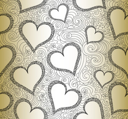 Valentine vector seamless pattern with lacy figured hearts and linear ornaments, handwritten on grey old paper