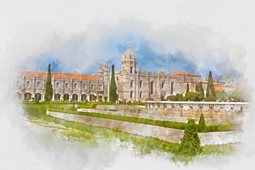 Mosteiro dos Jeronimos, Jeronimos Monastery, Lisbon, Portugal, digital watercolor illustration
