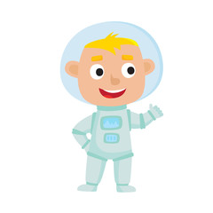Standing astronaut kid isolated on white background. Cartoon pre