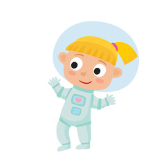 Standing astronaut kid isolated on white background. Cartoon pre