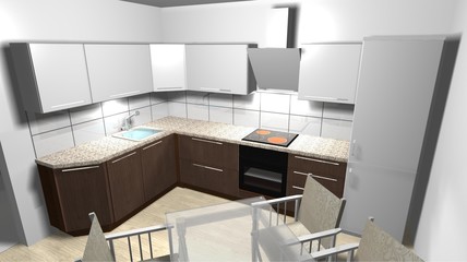 modern corner kitchen 3D rendering design interior
