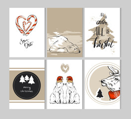 Obraz premium Hand drawn vector abstract Merry Christmas greeting cards template collection set with deer,polar bear,Christmas trees,cande canes and modern calligraphy phase.Simple Christmas journaling cards,page