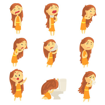 Cartoon unhappy woman suffering from pain with symptoms of diseases in various pose, set of colorful detailed vector Illustrations