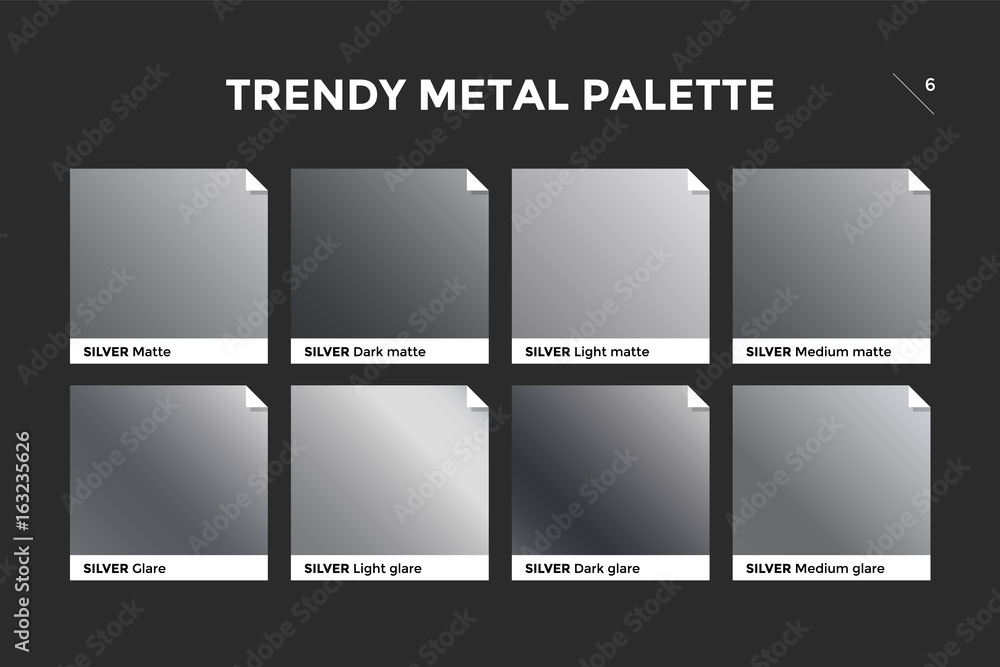 Wall mural Silver gradient template. Collection palette of silver metallic gradient swatches with gloss for backgrounds, textures. Set of realistic steel metallic palettes, vector icons. Vector Illustration