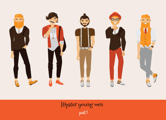 Set of vector male hipsters with smiling faces in casual clothes in various poses and emotions on faces. Street fashion collection with bearded stylish men