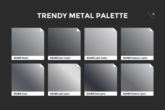 Silver gradient template. Collection palette of silver metallic gradient swatches with gloss for backgrounds, textures. Set of realistic steel metallic palettes, vector icons. Vector Illustration