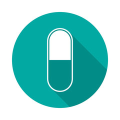 Drug circle icon with long shadow. Flat design style. Pill simple silhouette. Modern, minimalist, round icon in stylish colors. Web site page and mobile app design vector element.