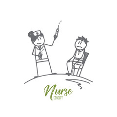 Nurse concept. Hand drawn female nurse with syringe and patient. Vaccination in hospital isolated vector illustration.