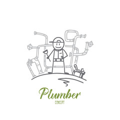 Plumber concept. Hand drawn plumber with tools in hands. Plumbing repair person isolated vector illustration.