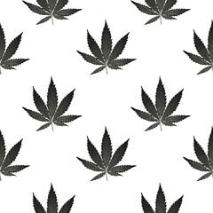 Hemp Cannabis Leaf in vintage linear style - seamless pattern.