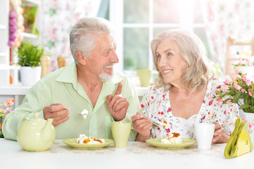 Beautiful elderly couple at breakfast