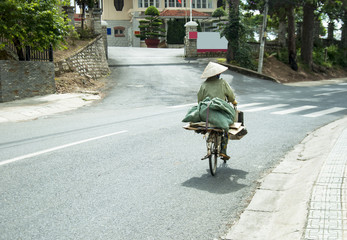 A cyclist in Vietnam carrying a big package of green color.