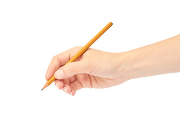 Female hands hold a pencil. Isolated on white background