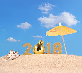 Fototapeta na wymiar 2018 year golden figures with seashell on a beach