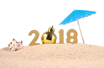 2018 year golden figures with seashell on a white