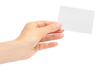 Female hands hold a business card. Isolated on white background