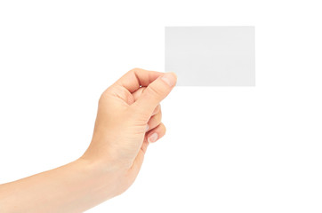 Obraz premium Female hands hold a business card. Isolated on white background