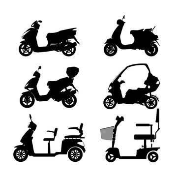 Black silhouette of scooter on white background. Side view. Set of images of city motorcycles