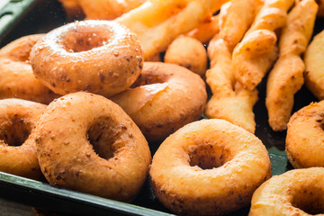 Closeup of sweet homemade donuts freshly baked