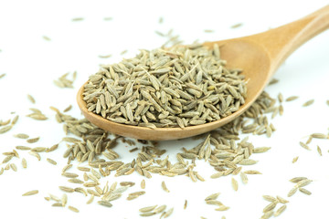 Fennel seeds in a wooden spoon on a white background.