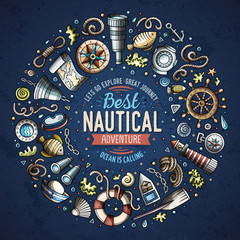 Set of Nautical cartoon doodle objects, symbols and items