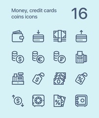 Outline Money, credit cards, coins icons for web and mobile design pack 2