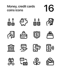 Money, credit cards, coins icons for web and mobile design pack 3