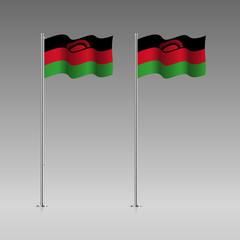 Malawi flag on the flagpole. Official colors and proportion correctly. High detailed vector illustration. 3d and isometry. EPS10