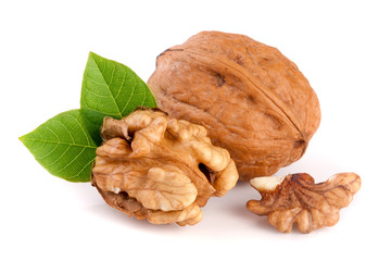 Walnuts with leaf isolated on white background