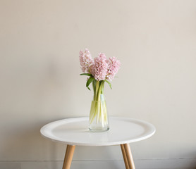 Pink hyacinths in glass vase on round white table against neutral background