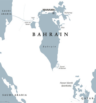 Bahrain political map with capital Manama. Kingdom in the Arabian Gulf. Island country and archipelago between Qatar and Saudi Arabia. Gray illustration on white background. English labeling. Vector.