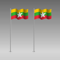 Myanmar flag on the flagpole. Official colors and proportion correctly. High detailed vector illustration. 3d and isometry. EPS10