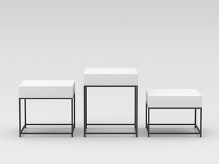 Empty white top podium with metal frame stand. 3D rendering.
