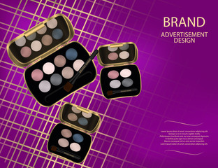 Glamorous colorful eyeshadow set on the sparkling effects background. Mock-up 3D Realistic Vector illustration