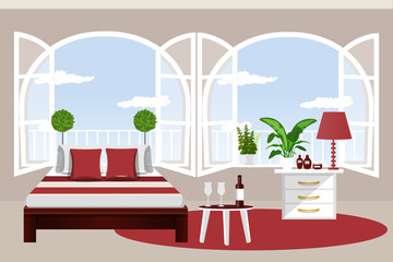 The interior of the bedroom. Cozy room with two large Windows, a table with drinks for two. Cartoon. Vector illustration. The design of the room.