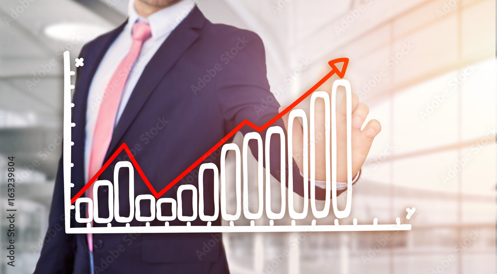 Poster businessman touching technology interface with financial curve and graph