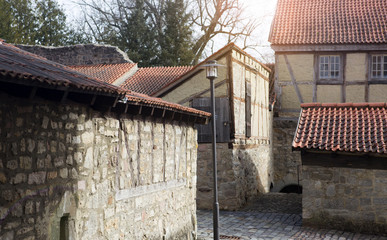closeup of old medieval houses and cobblestones