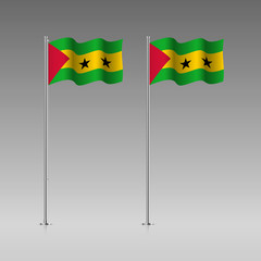 Sao Tome and Principe flag on the flagpole. Official colors and proportion correctly. High detailed vector illustration. 3d and isometry. EPS10