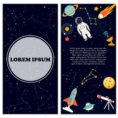 Illustration with star constellation, spaceman, rocket, ufo and planet