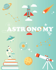 Space poster with set of icons rocket, planet, telescope, microscope comet