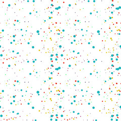 Blue, green, red, yellow turquoise, purple messy dots. Abstract colorful dotted seamless pattern. Round geometric seamless pattern on white background. Infinity geometrical. Vector illustration.