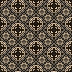 Seamless pattern oriental ornament. Black and golden textile print. Islamic vector design. Floral tiles.
