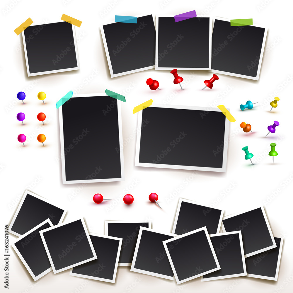 Poster collection of square frame template with shadows and push pins. photo frames horizontal and vertical