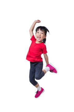 Asian Chinese Little Girl Jumping Up And Wave Her Hands