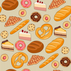 Seamless bakery pattern with hand drawn donuts, cakes, cookies, croissants and breads