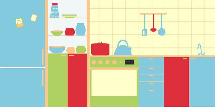 Vector image of kitchen interior in modern style. Simplicity and minimalism, bright colors. Depicted refrigerator, stove, dishes, Cutlery.