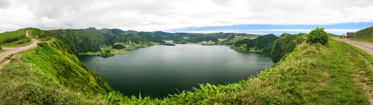 Panoramic photograph of the lagoon of the seven cities on the island of Sao Miguel, Azores.