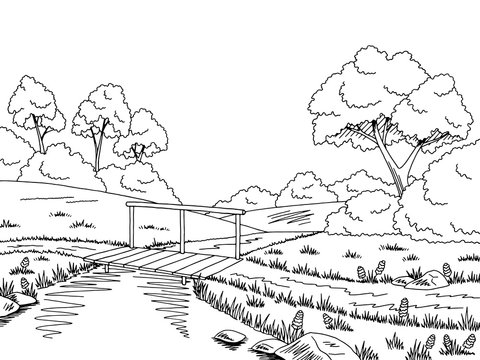 Bridge road graphic black white landscape sketch illustration vector
